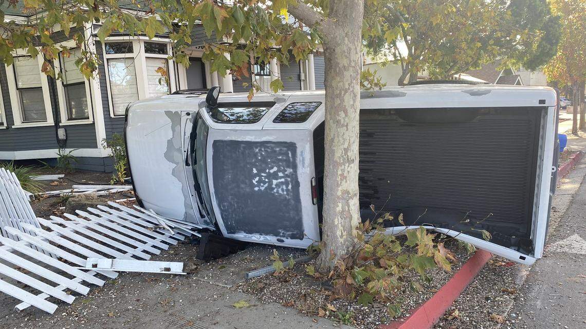 Crash in SLO leaves pickup flipped and pinned to a tree