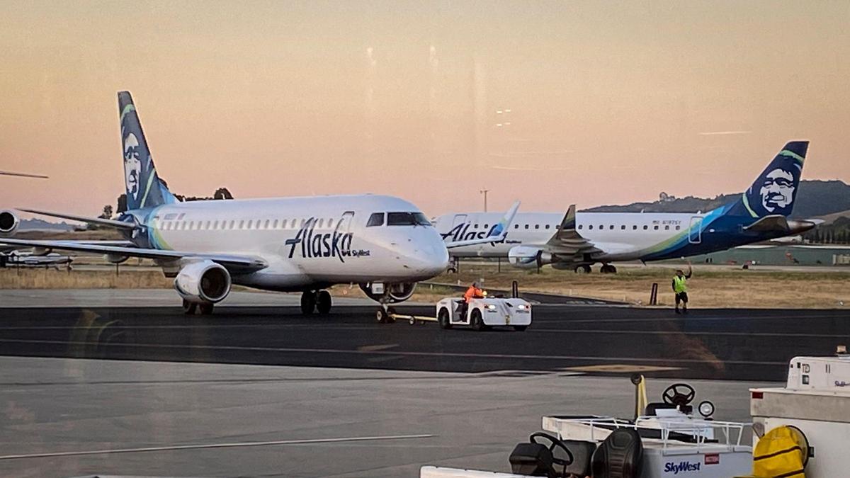 Alaskan Airliners stage in the morning at the San Luis Obispo County Regional Airport at sunrise July 16, 2024.