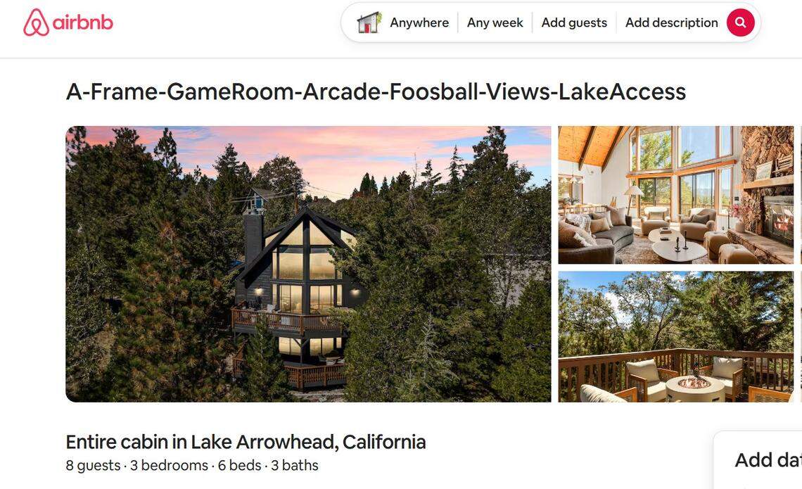 A screenshot of an Airbnb listing for a Lake Arrowhead cabin.