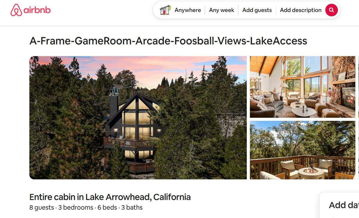 A screenshot of an Airbnb listing for a Lake Arrowhead cabin.