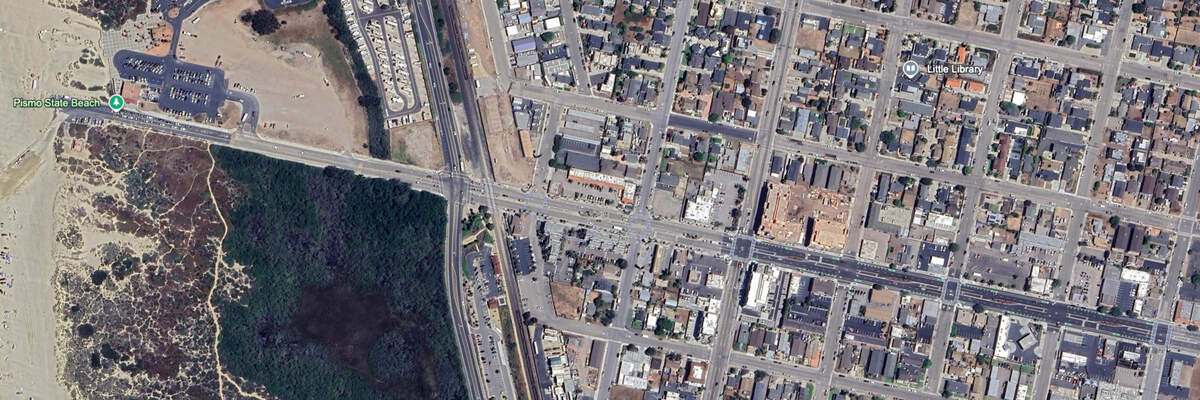 A satellite image depicts downtown Grover Beach in 2025.