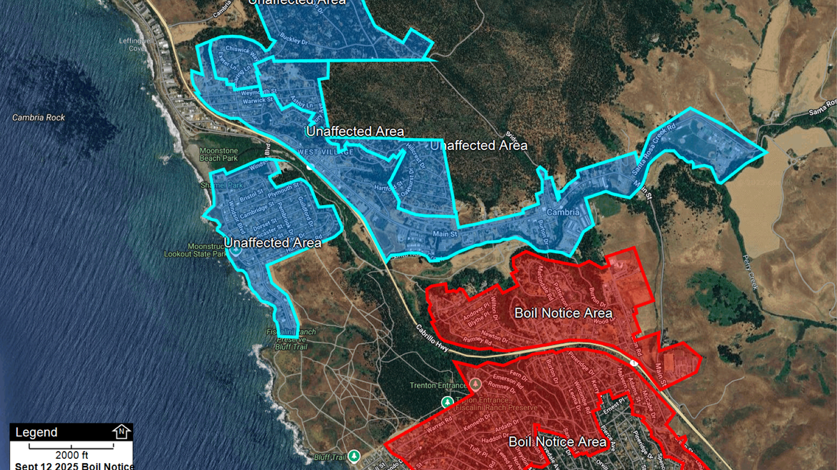 A boil water notice was issued for areas of Cambria on Sept. 12, 2025. The affected areas were indicated in red on the map, while the blue areas were unaffected.
