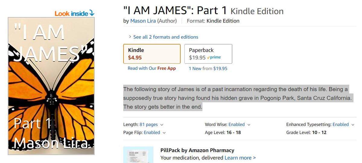 A screen capture of Mason James Lira’s book on Amazon.com.