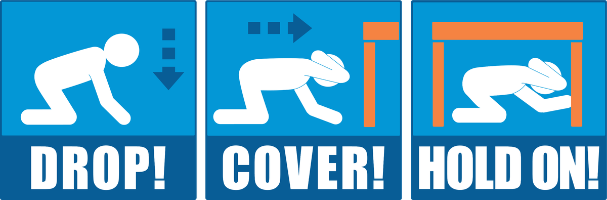 Three-panel infographic showing cartoon person on hands and knees getting under a table.