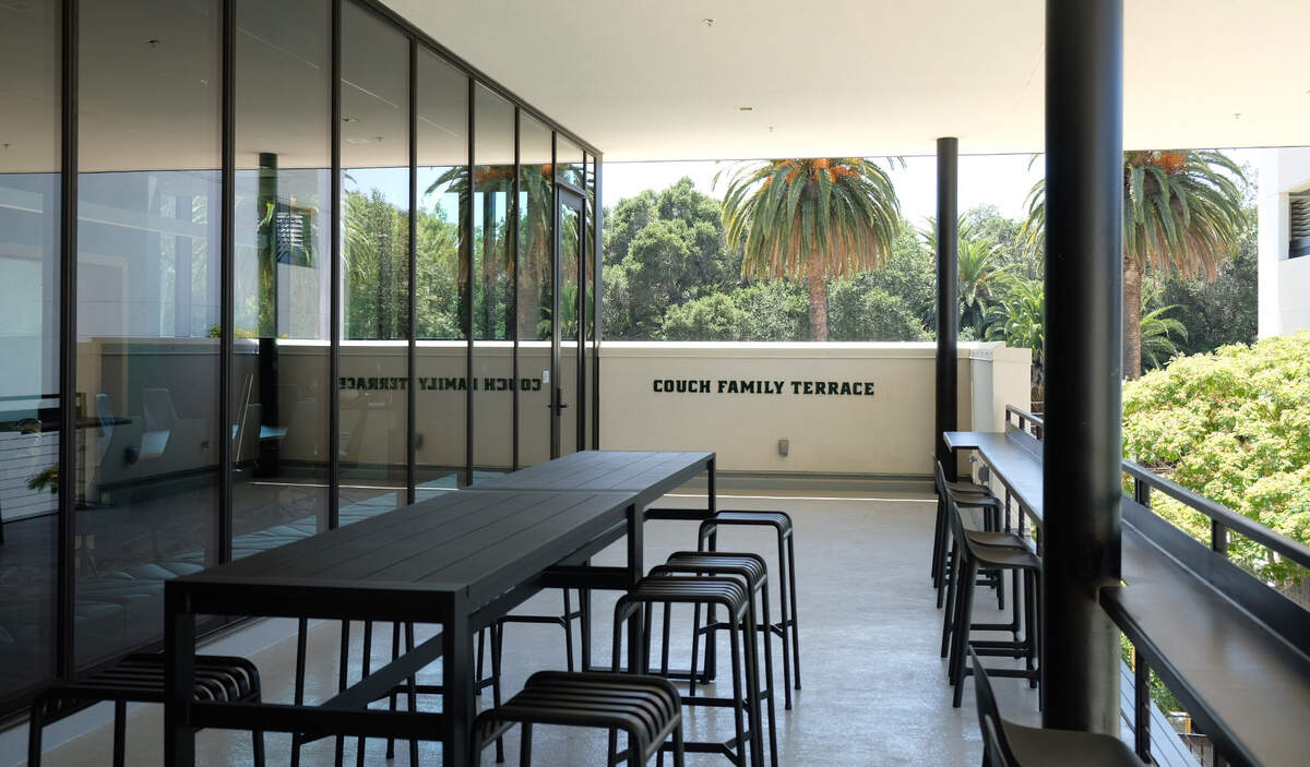 The second floor of Cal Poly’s newly unveiled John Madden Football Center features the Couch Family Terrace with a view from the southside end zone. The terrace, seen here on June 5, 2026, can be used by coaches and players during the week and by special guests on game days.