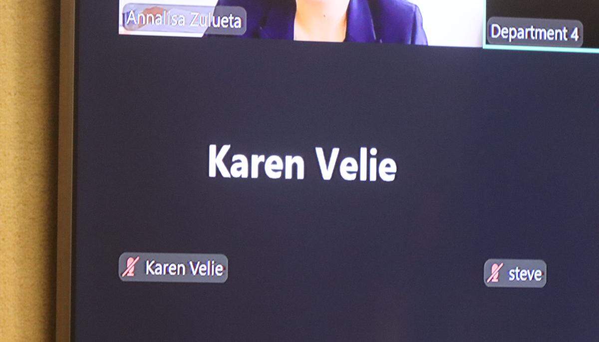 CalCoastNews reporter Karen Velie appeared virtually with her camera and microphone off on Zoom for a hearing to dismiss the defamation case against her on April 29, 2026.