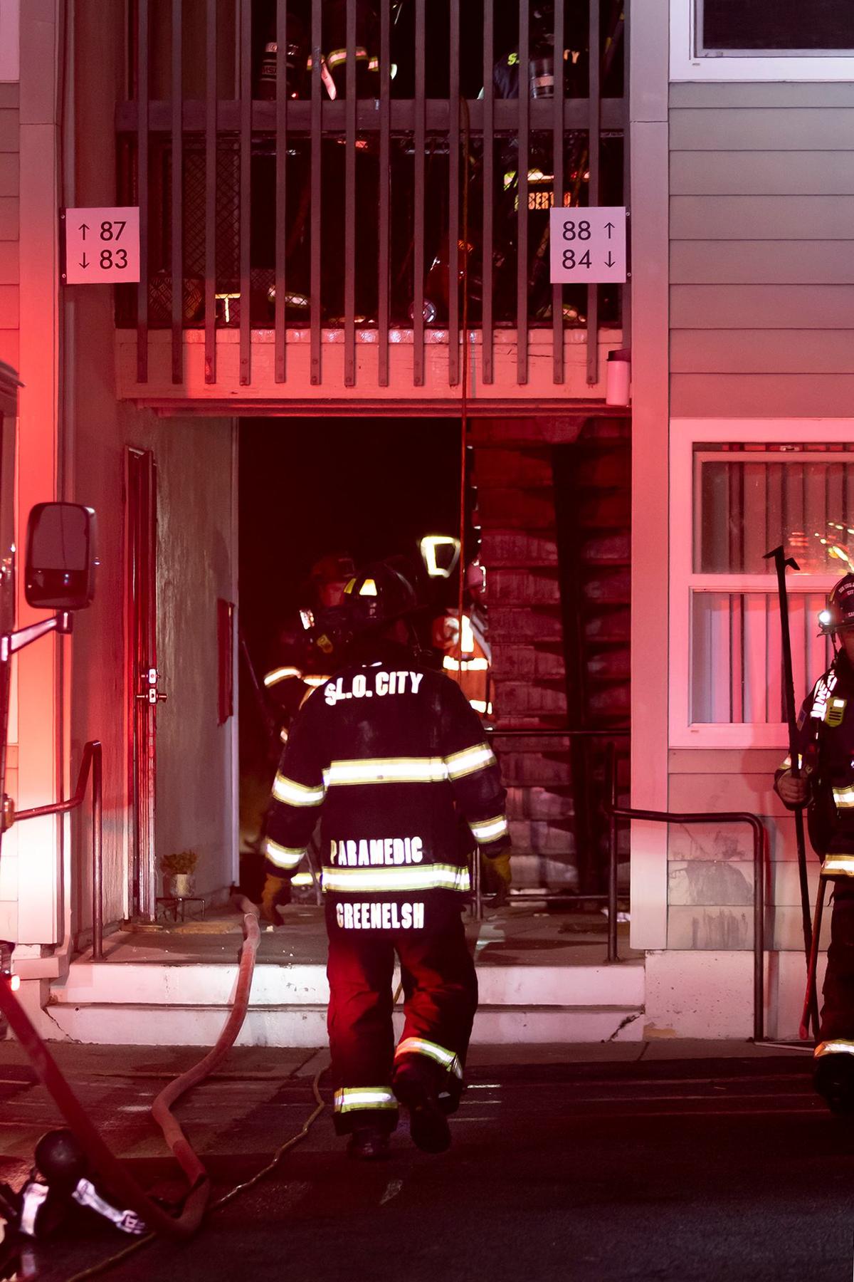 A single apartment on the second story of an apartment complex in the 1500 block of Madonna Road caught fire early Friday evening, June 21, 2024. San Luis Obispo City Fire Department responded and reported that no one was injured and they rescued two cats.