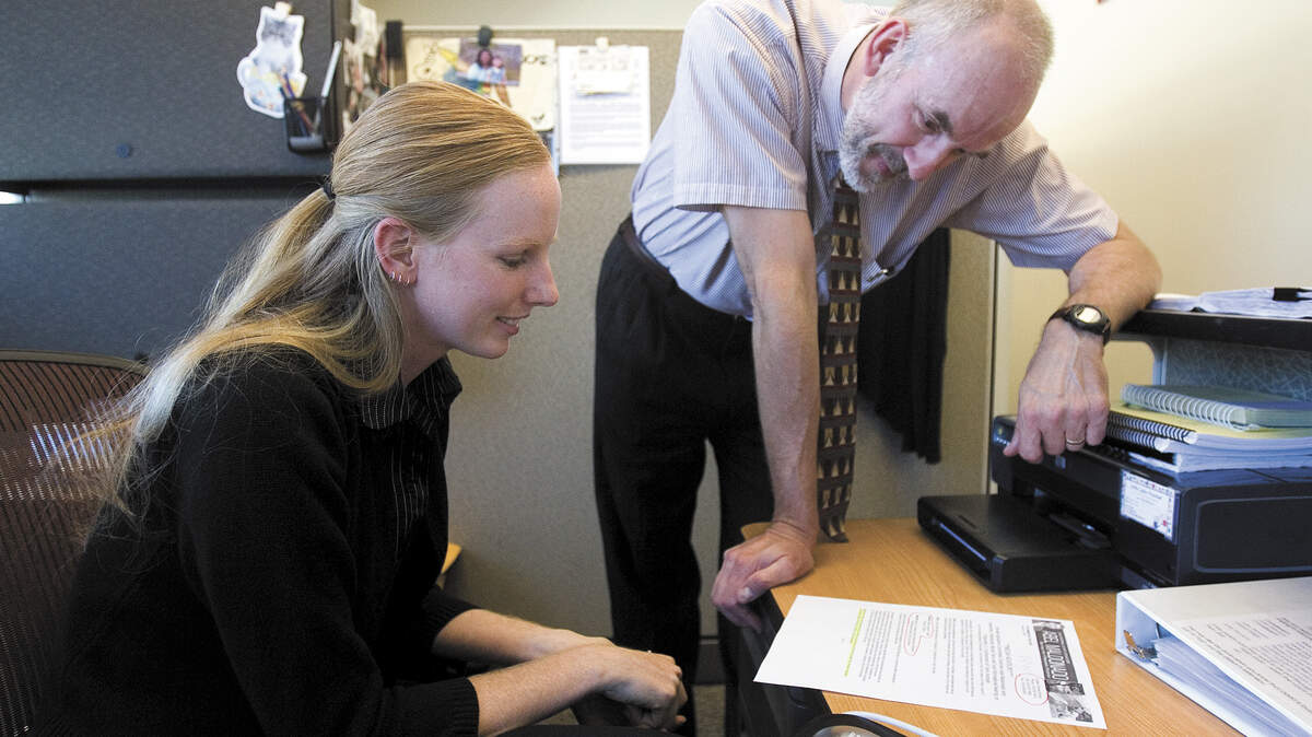County Administrative officer and Baby boomer, David Edge and Administrative assistant, Anita Konopa  work in the County office.
Photo: Jayson Mellom 8-06-08



