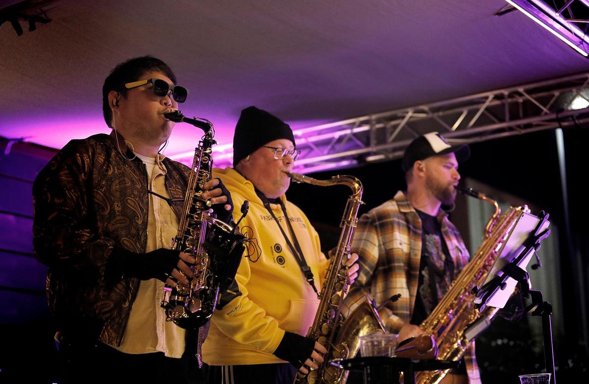 Brass Mash is a local all-brass instrument mash-up band. Pictured from left, Anthony Yi, plays the alto saxophone, Tim Crooks, plays the tenor saxophone, and Sam Franklin plays the baritone saxophone.