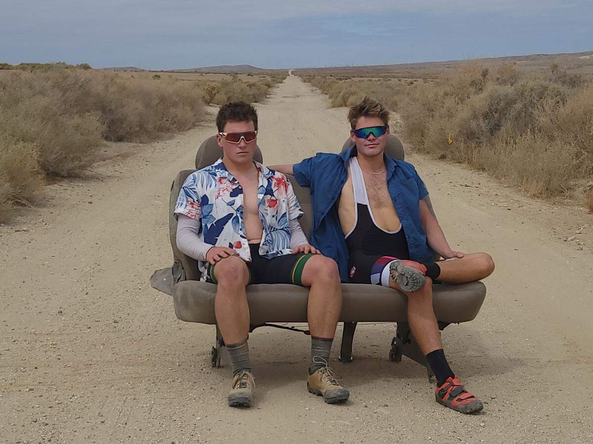 After completing a week-long bike trip from San Francisco to Los Angeles in February 2025 eating only Chipotle burritos, Cal Poly student Tyler Brown, left, and Tasman Alexander are planning to do the same trip across the country — if the Mexican food company will sponsor them. The pair are pictured here on a previous bike trip.