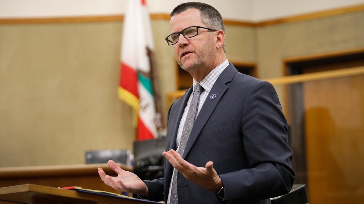 Deputy District Attorney Stephen Wagner makes his opening statement during the trial of Alex Geiger, a former Grover Beach police officer whose two dogs escaped their enclosure in December 2016 and mauled two neighbors, killing one.