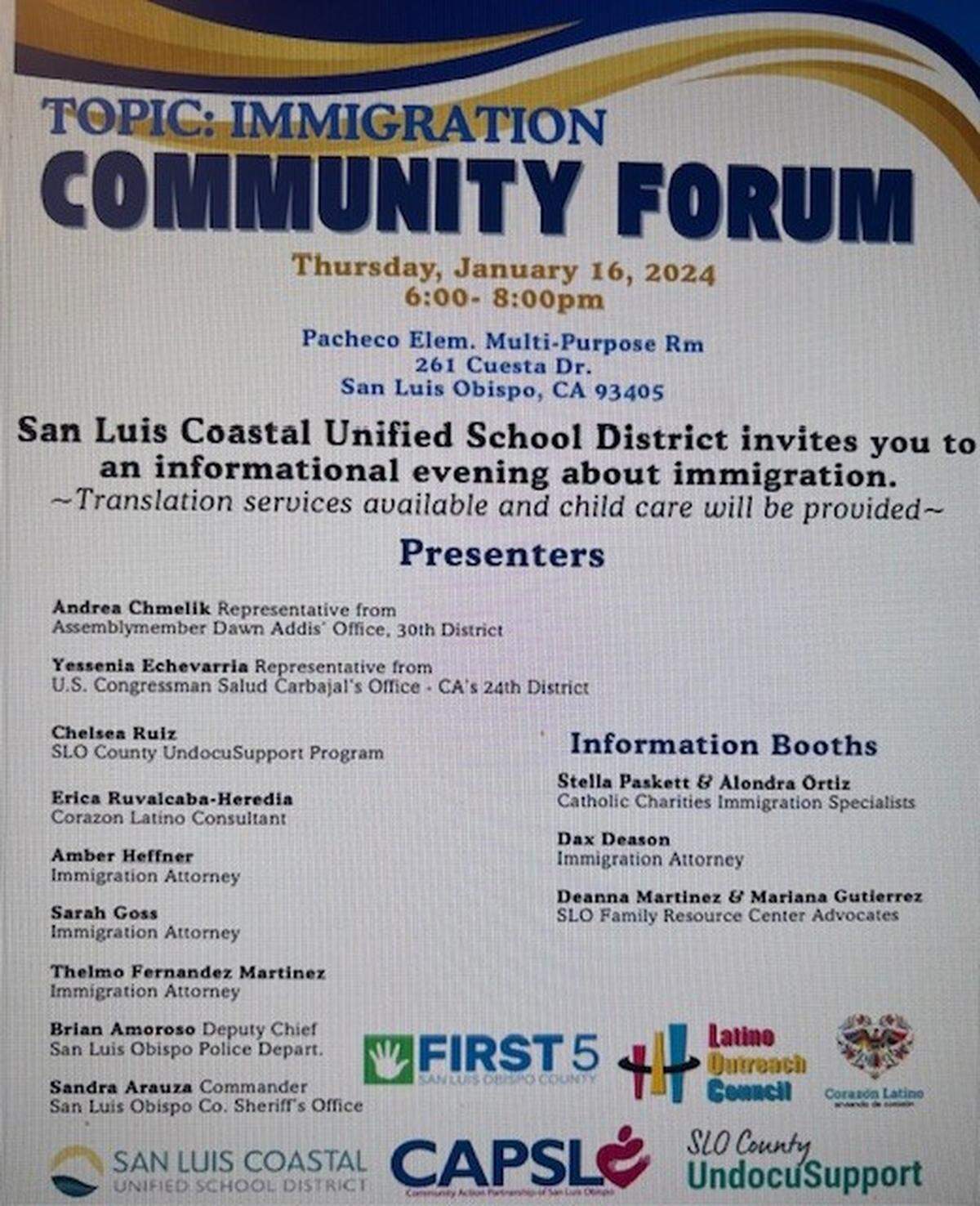 The San Luis Obispo County Sheriff’s Office presented at an Immigration Community Forum on Jan. 16, 2024.