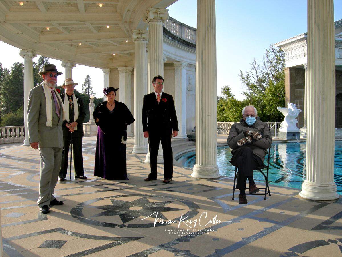 Sanders at Hearst Castle with docents. Photographer 