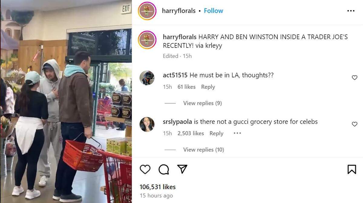 Instagram user harryflorals shared this video of pop star Harry Styles and producer Ben Winston shopping at Trader Joe’s grocery store in San Luis Obispo on Monday, Feb. 26, 2024.