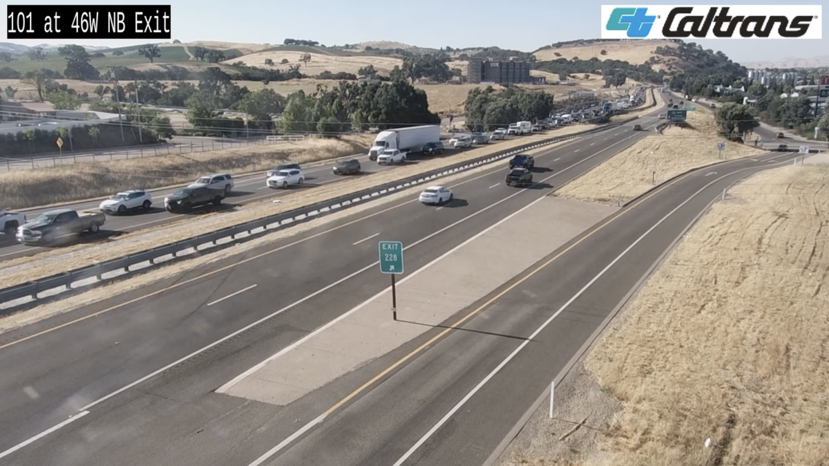 Traffic backs up as Cal Fire and the California Highway Patrol responded to a six-vehicle crash on Highway 101 near Paso Robles on Thursday, July 18, 2024.
