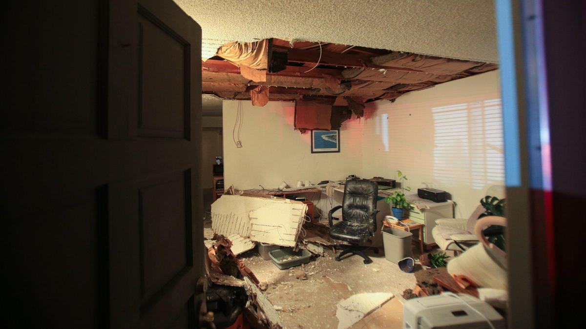 The ceiling collapsed in the front room of this Janet Avenue home in Grover Beach on Feb. 24, 2023. The residents were uninjured.