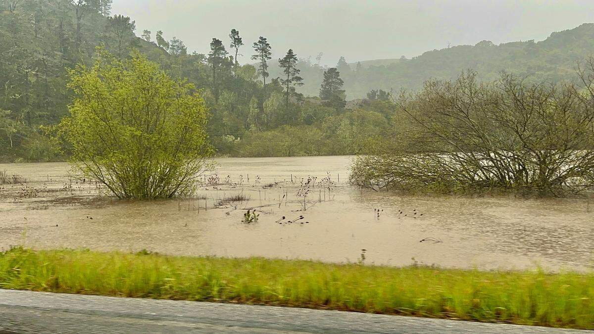A normally dry meadow in Cambria flooded during the rainstorm on March 10, 2023.