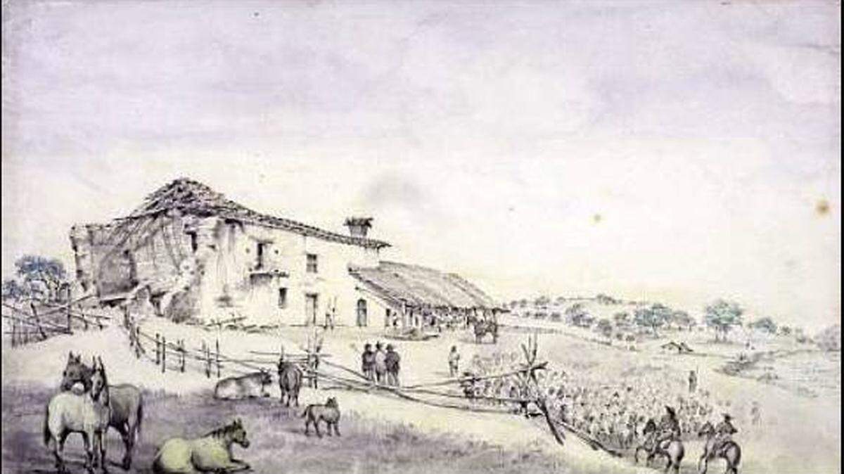 An Edward Vischer drawing of the Casa del Paso de Robles, the old farm building of the Mission of San Miguel in 1864. By then, it was the sheep and goat ranch of James Blackburn, co-founder of the city of Paso Robles.