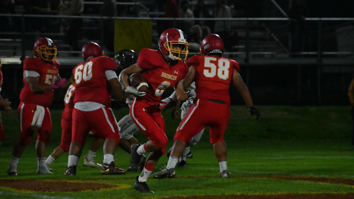 Senior Adair Ponce, last season’s Most Valuable Player on defense for Coast Union High School, in Cambria, carries the ball. Ponce hustled 50 yards around the left end for the home team’s second score against the Riverdale Christian Ambassadors on Thursday, Aug. 31, 2023.