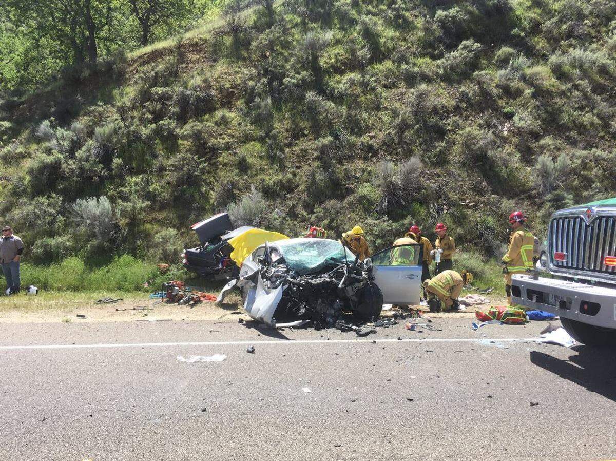The remnants of the head-on collision on Highway 166 on April 6 that killed two people.