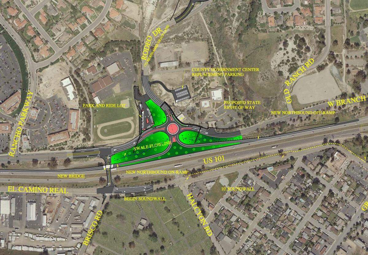 Rendering of redesign of the Brisco Road and Grace Lane area, with new on and off ramps and a roundabout.
