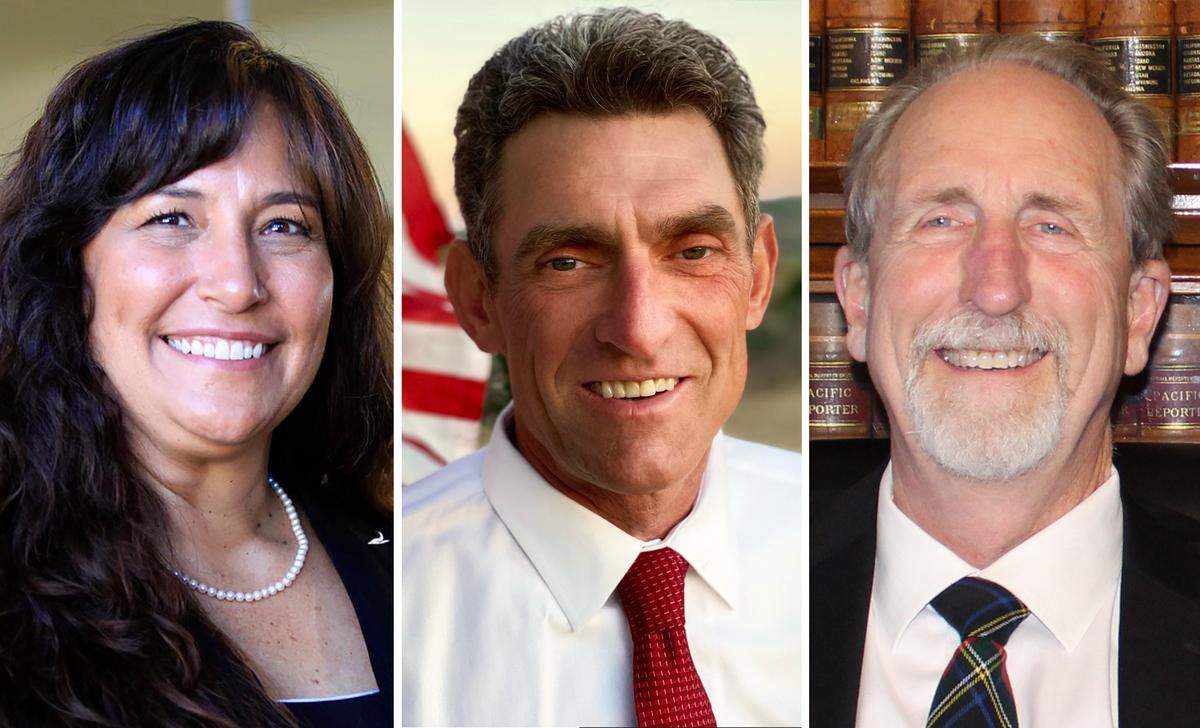 Competing for San Luis Obispo County clerk-recorder are incumbent Elaina Cano, left, James Baugh and Stewart Jenkins.