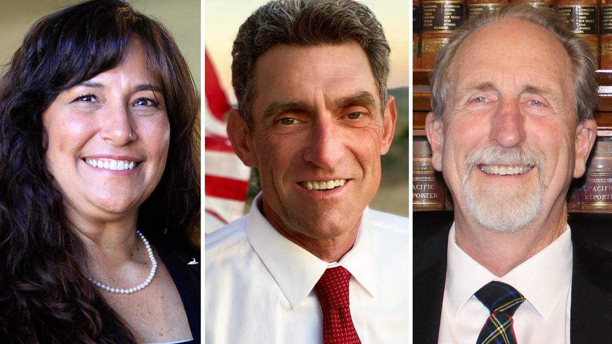 Competing for San Luis Obispo County clerk-recorder are incumbent Elaina Cano, left, James Baugh and Stewart Jenkins.
