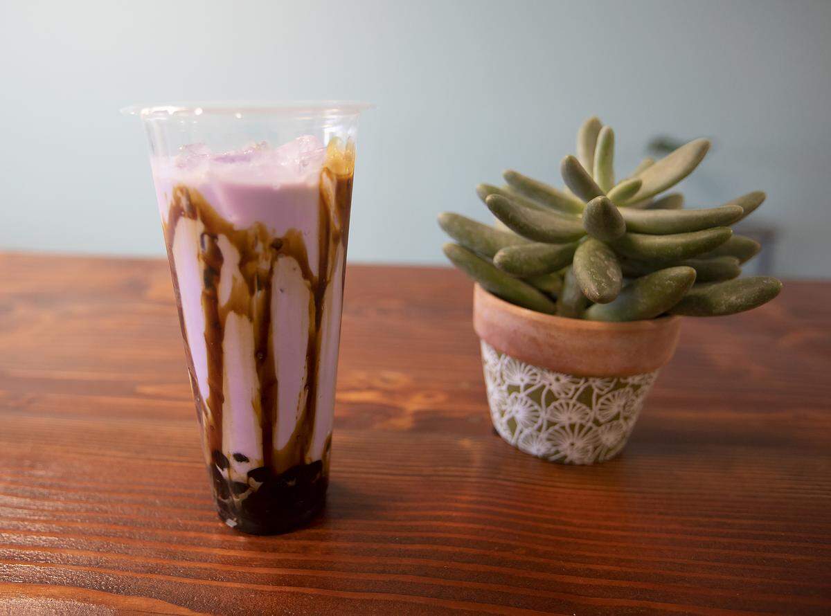 A ube taro boba drink is one of the popular offerings at PCH Shave Ice & Boba in Pismo Beach,.