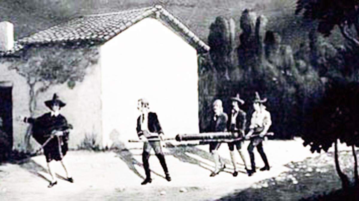 Artist Theodore Van Cina's rendition of five youths stealing the cannon in the Canon Perdido incident, 1848.