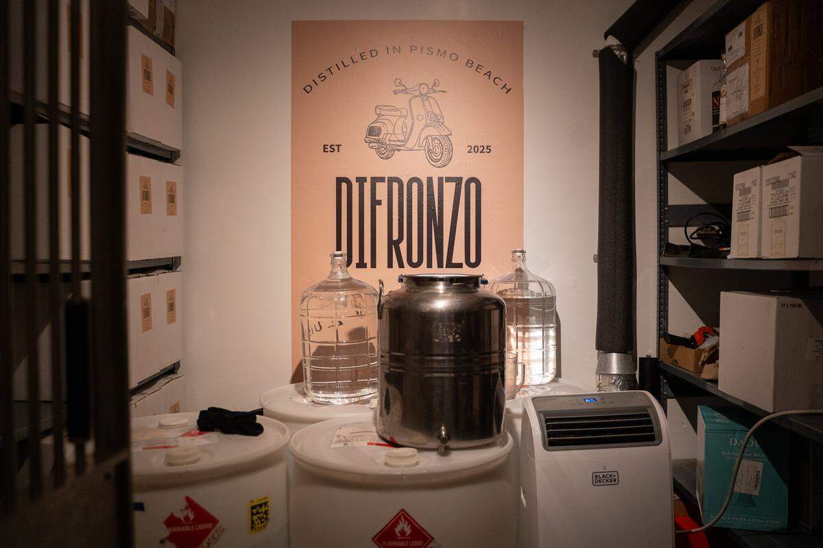 Distilled vodka used in the making of limoncello sits in the former bank vault that serves as Giuseppe’s Italian American Club’s wine storage on Tuesday, May 19, 2026. The deli and restaurant expansion of the existing Giuseppe’s Cucina Italiana in Pismo Beach recently started its own offshoot brand of limoncello.