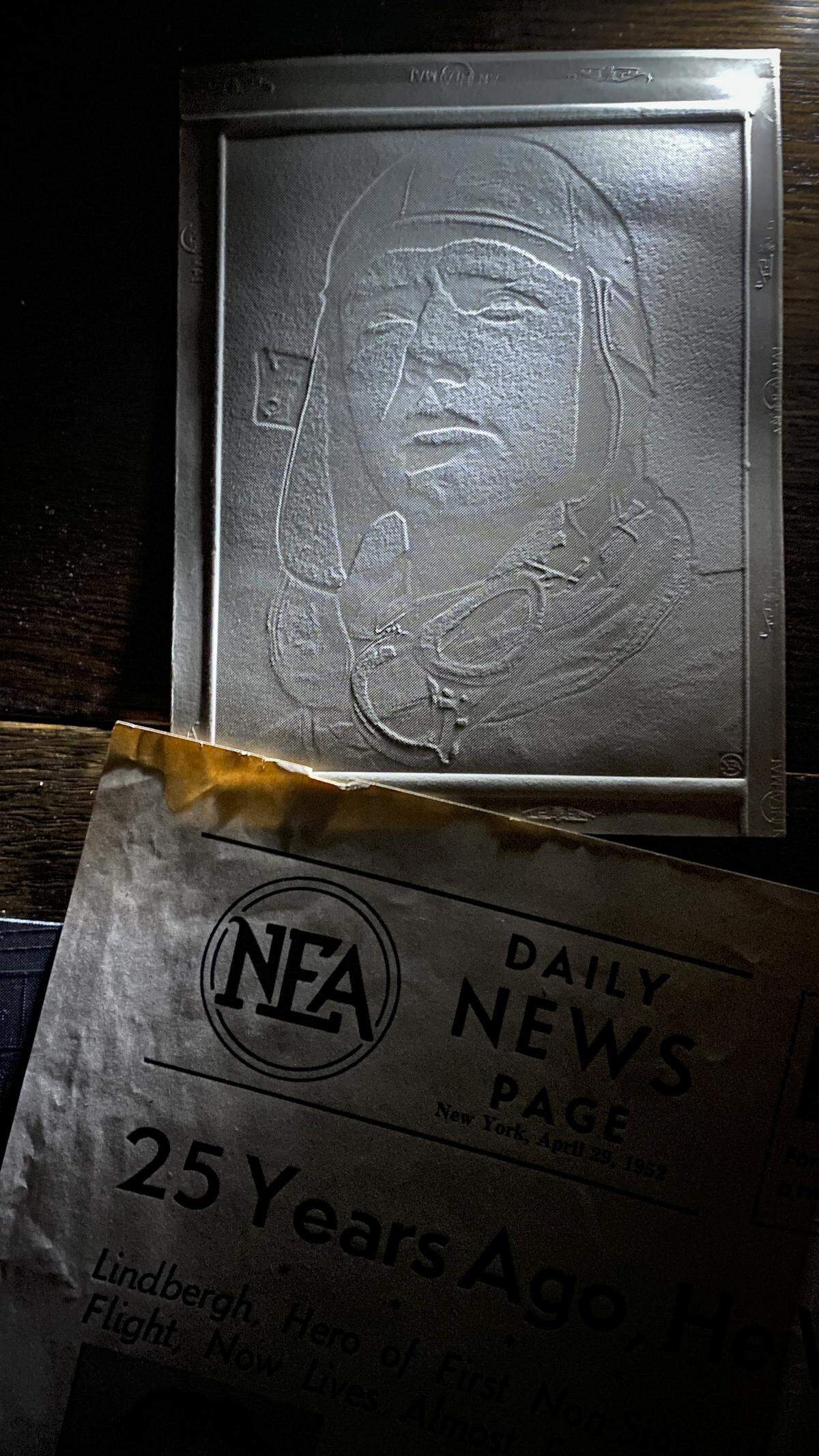 As late as 1957 the Telegram-Tribune was receiving carboard halftones in the mail for syndicated national stories from the Newspaper Entnterprise Association. The image appears reversed in this photo but will display correctly when printed on a page. This was for a story on the anniversary of Charles Lindbergh's solo flight from New York to Paris.