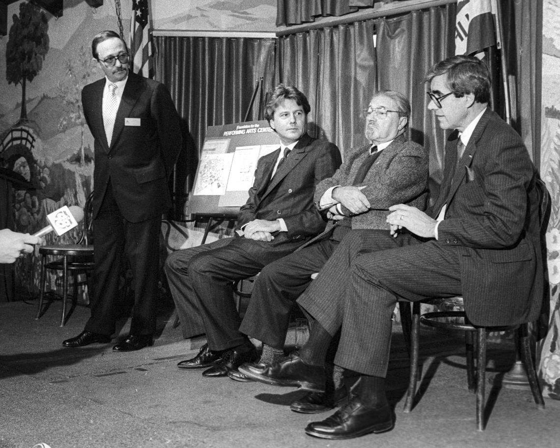 Warren Sinsheimer, left, Christopher Cohan and Mayor Ron Dunin listen to Cal Poly President Warren Baker at 1990 press conference. Cohan donated $2.1 million to building the PAC, the largest donation to that date to a California State University. Sinsheimer, was President of the Foundation for the Performing Arts Center. Dunin, born in Poland, carried a deep belief in the value of performing arts.