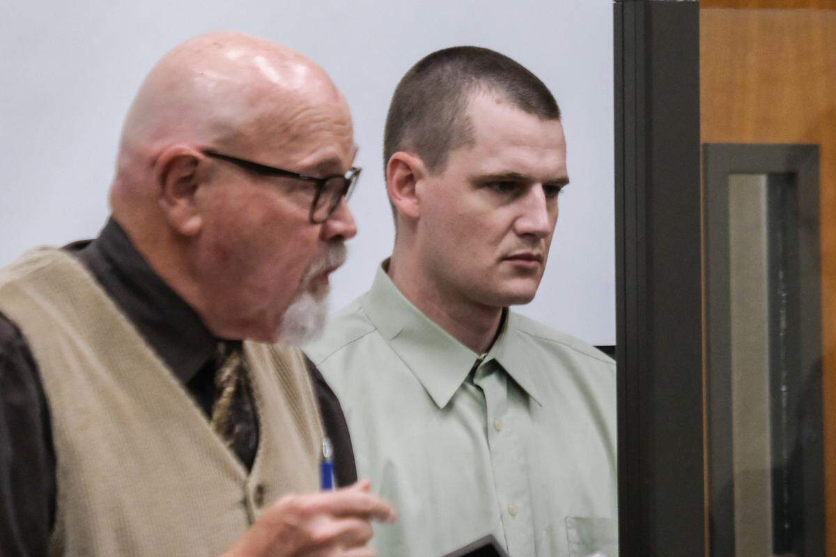 Defense attorney Ilan Funke-Bilu stands with his client, 31-year-old Zachary Bernal of Atascadero, during a court hearing on March 24, 2025. Bernal is accused of being the driver in the fatal hit-and-run that killed 11-year-old José Gutiérrez as the child walked home from Atascadero Middle School on El Camino Real on March 14, 2025.