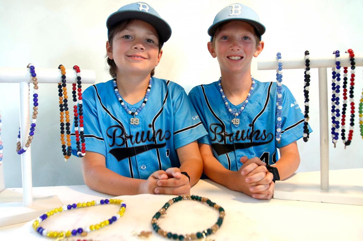 Jackson Judge, left, and Jackson Houser, fourth-graders at Teach Elementary School in San Luis Obispo, launched a necklace business called The Drip Bros as part of a school project.