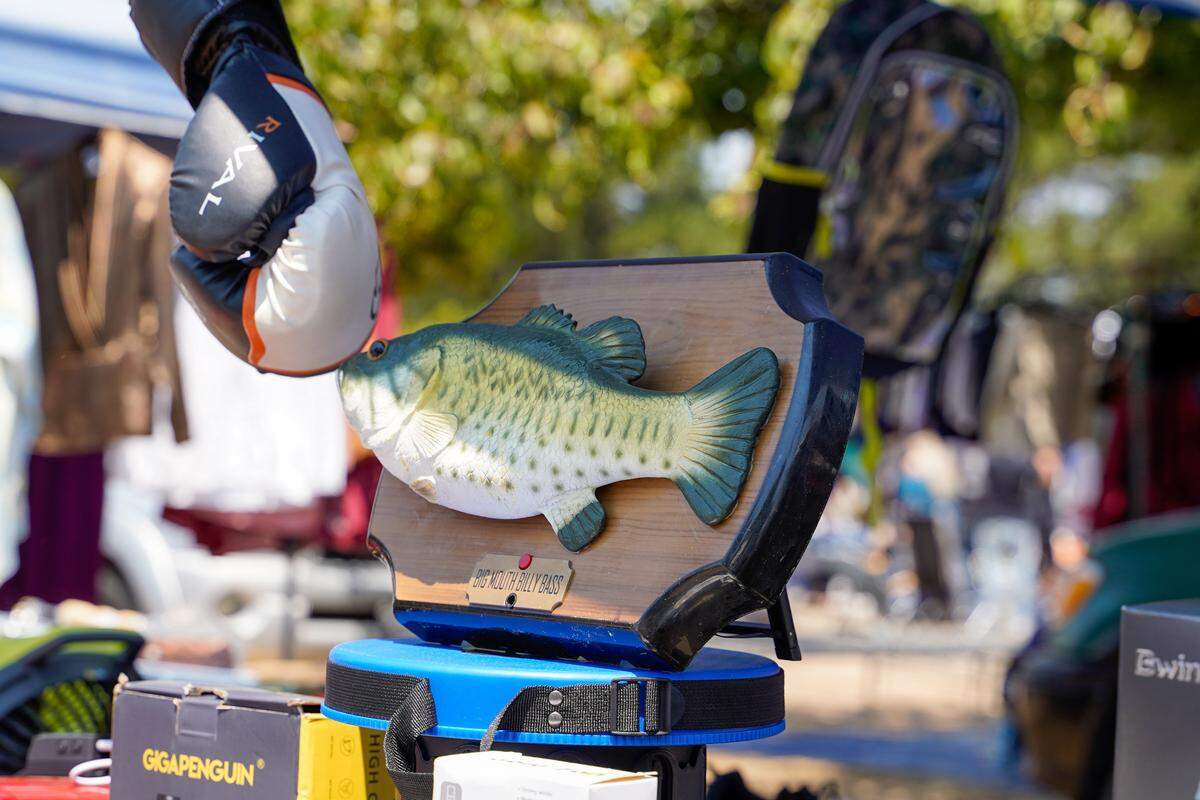A Big Billy Bass sits on sale at the Nipomo Swap Meet on Sunday, Aug. 10, 2025. The Swap Meet features more than 300 vendors, the largest market of its kind on the Central Coast.