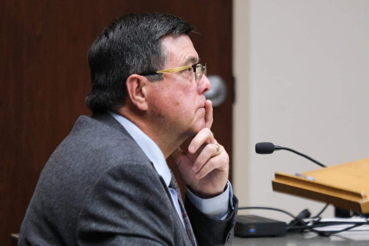 Paso Robles City Councilmember Chris Bausch listens during a court hearing at the Paso Robles branch of San Luis Obispo Superior Court on April 30, 2025. The Tribune sued Bausch and the City of Paso Robles for violating the Public Records Act in March.