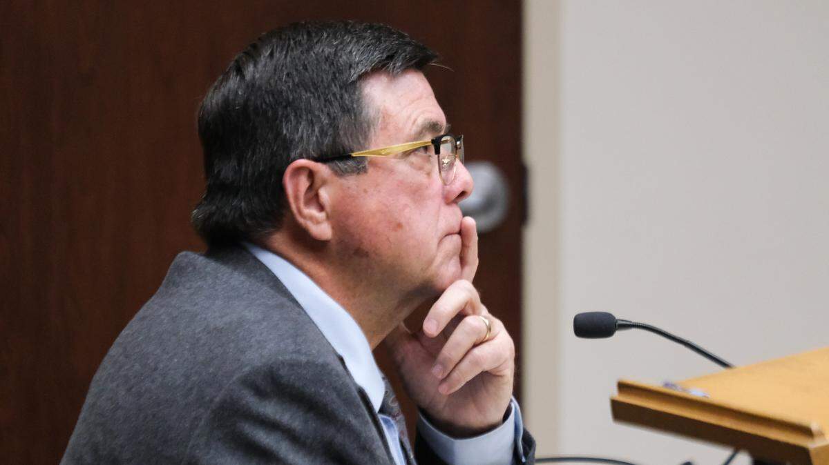 Paso Robles City Councilmember Chris Bausch listens during a court hearing at the Paso Robles branch of San Luis Obispo Superior Court on April 30, 2025. The Tribune sued Bausch and the City of Paso Robles for violating the Public Records Act in March.