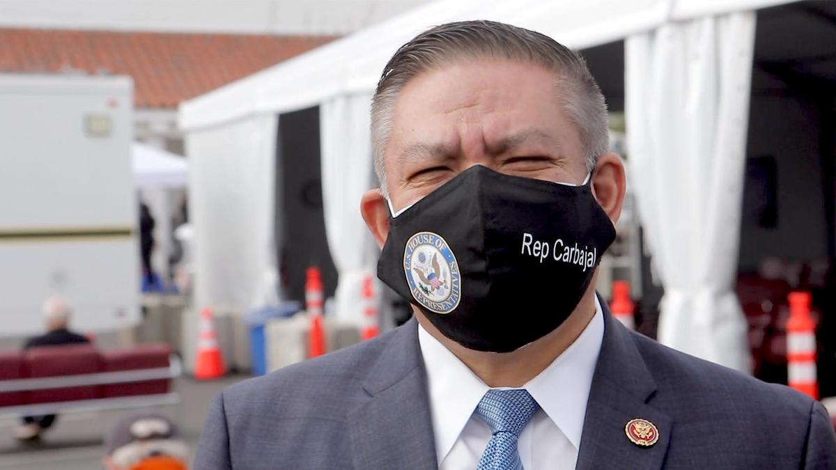 U.S. Rep. Salud Carbajal visits the San Luis Obispo County Public Health Department’s coronavirus vaccination clinic at Cuesta College in San Luis Obispo on Thursday, Feb. 11, 2021. The Central Coast congressman introduced a bill to ban the sale of kangaroo body parts in the United States.