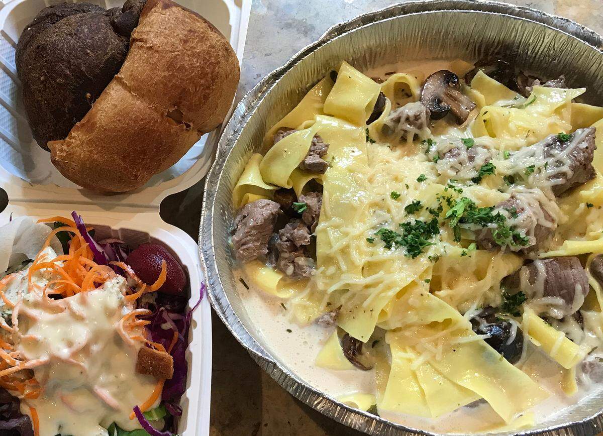 Asking that the beef be cooked rare in this strogonoff meal from Sow’s Ear Restaurant in Cambria March 4 helped keep the dish extra yummy as it was transported to columnist Kathe Tanner’s home. And the foil serving dish is recyclable.