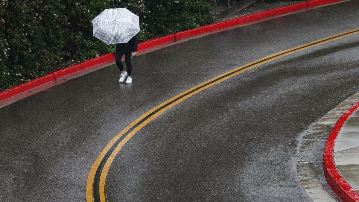 A Cal Poly student turns her umbrella into the wind-driven rain on the road between the parking structure and Davidson Music Building as another atmospheric river storm hits the Central Coast on March 14, 2023.