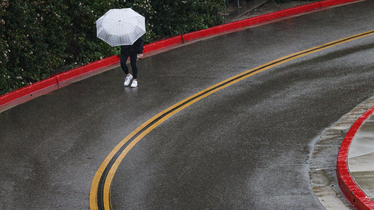 A Cal Poly student turns her umbrella into the wind-driven rain on the road between the parking structure and Davidson Music Building as another atmospheric river storm hits the Central Coast on March 14, 2023.