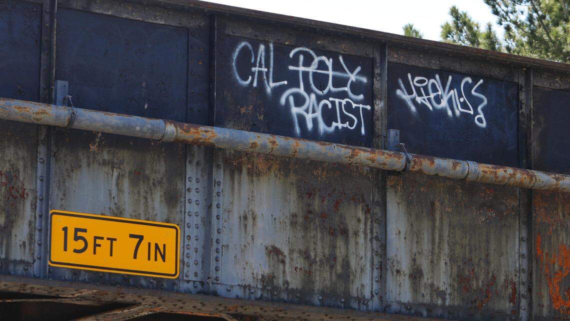 The Union Pacific Railroad bridge crossing Monterey Street in San Luis Obispo has been vandalized with graffiti reading "Cal Poly racist hicks."