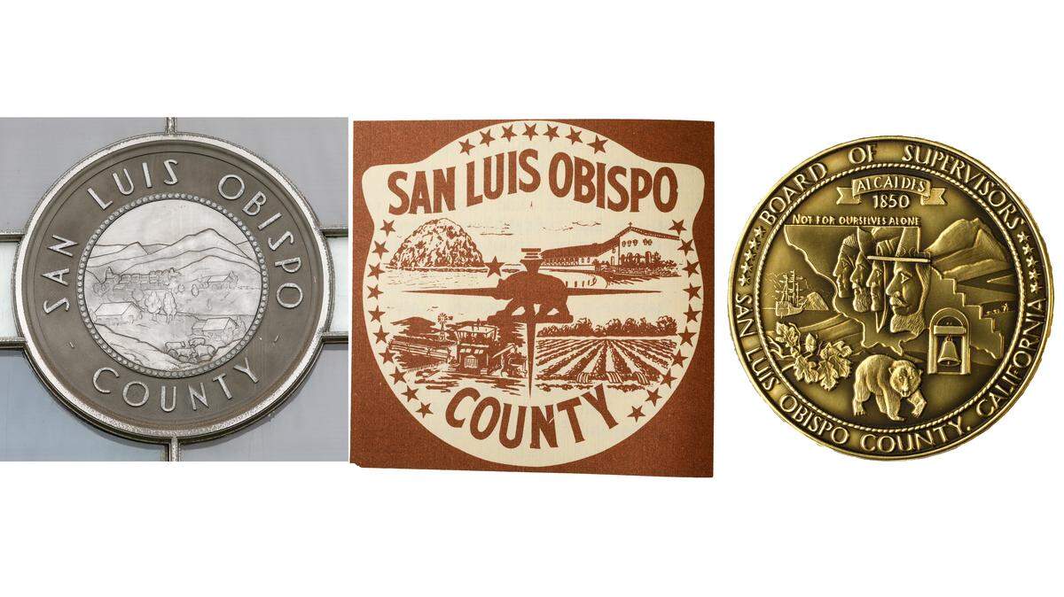Various San Luis Obispo County seals and emblems. At left is the original county seal adopted in 1883 seen over the doorway of the 1940 county offices. In the center is the unofficial emblem created in 1957. When the original seal wore out a new seal was designed in 1972 at the request of Howard Mankins, chairman of the San Luis Obispo County Board of Supervisors, by artist Robert Reynolds.