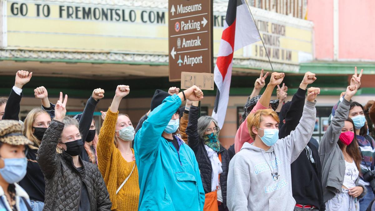 Demonstrators held a rally at the San Luis Obispo Superior Courthouse Thursday, Oct. 22, 2020, to protest the court hearing for organizer Tianna Arata and others.