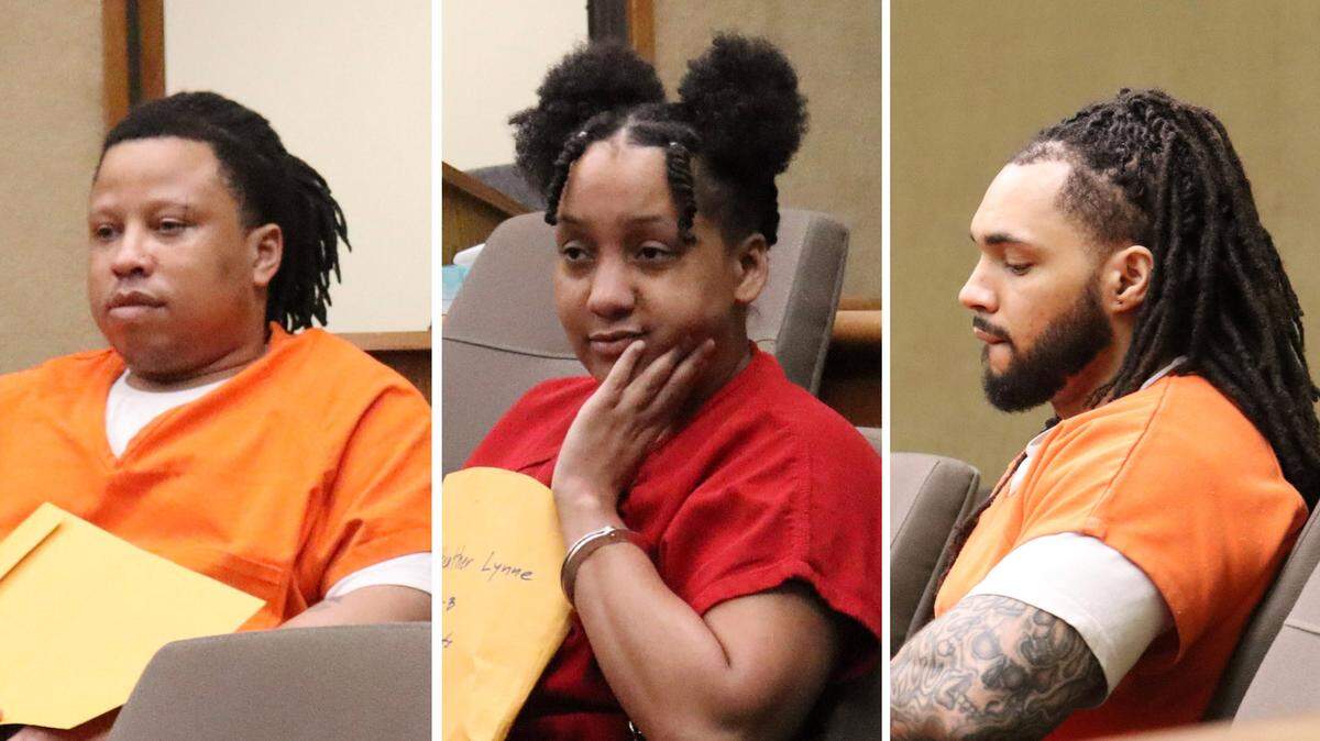 Joshua Murphy, left, Heather Hunt and Tremaine Jones listen during their sentencing for conspiring to sex-traffic a 15-year-old girl, in San Luis Obispo Superior Court on Oct. 1, 2025.