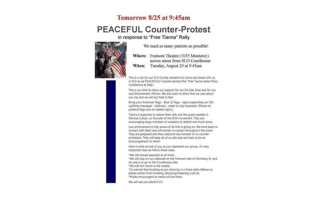 A screengrab of the flyer advertising for a counter protest in front of the Fremont Theatre in response to the “Free Tianna Arata” events scheduled for Tuesday at the San Luis Obispo County Courthouse.