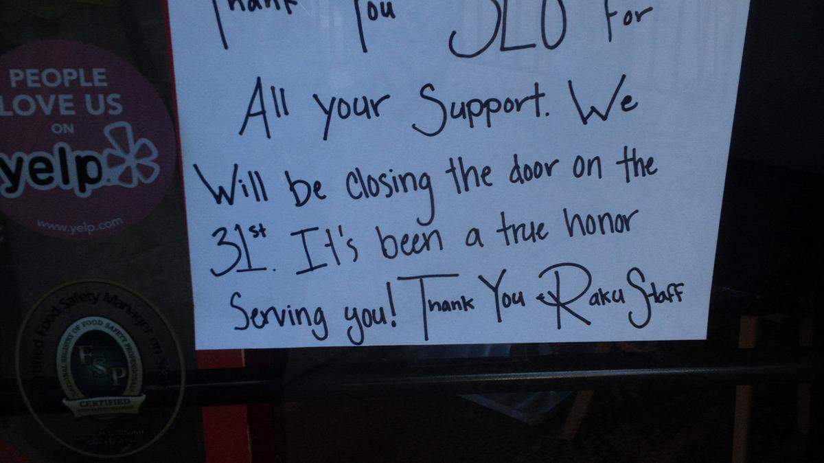 A sign posted on Raku's door announces its closure Tuesday, Dec. 31.