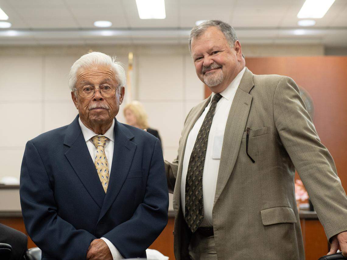 Ruben Flores, left, stands with his defense attorney, Harold Mesick, at Monterey County Superior Court in Salinas on Wednesday, Sept. 21, 2022.