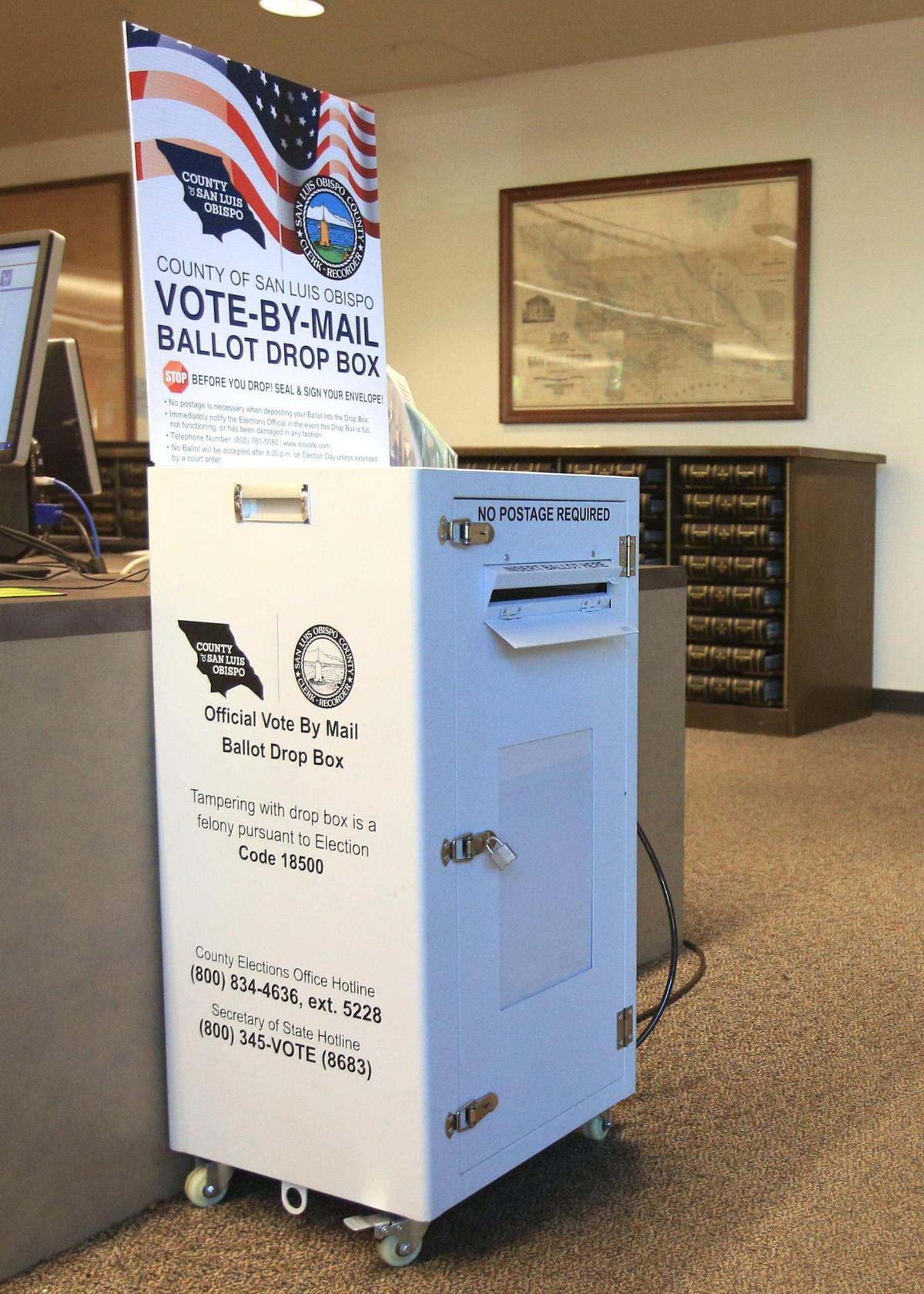 The San Luis Obispo County Clerk-Recorder’s office has a drop box for vote-by-mail ballots. Voting is underway.