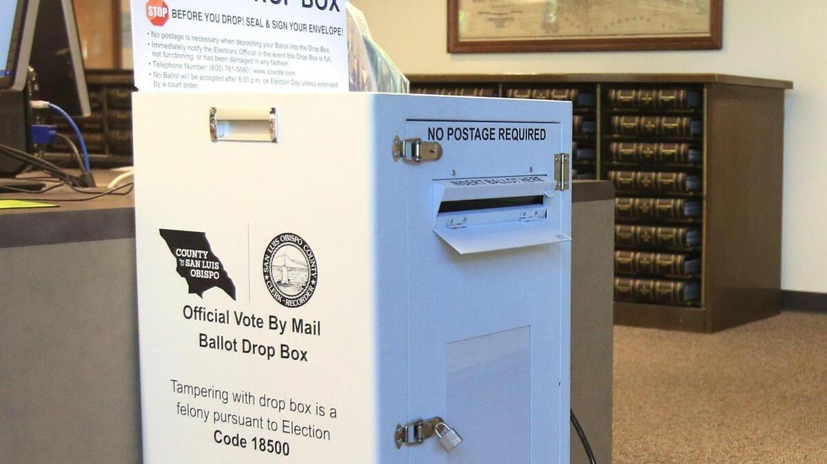 The San Luis Obispo County Clerk-Recorder’s office has a drop box for vote-by-mail ballots. Voting is underway.
